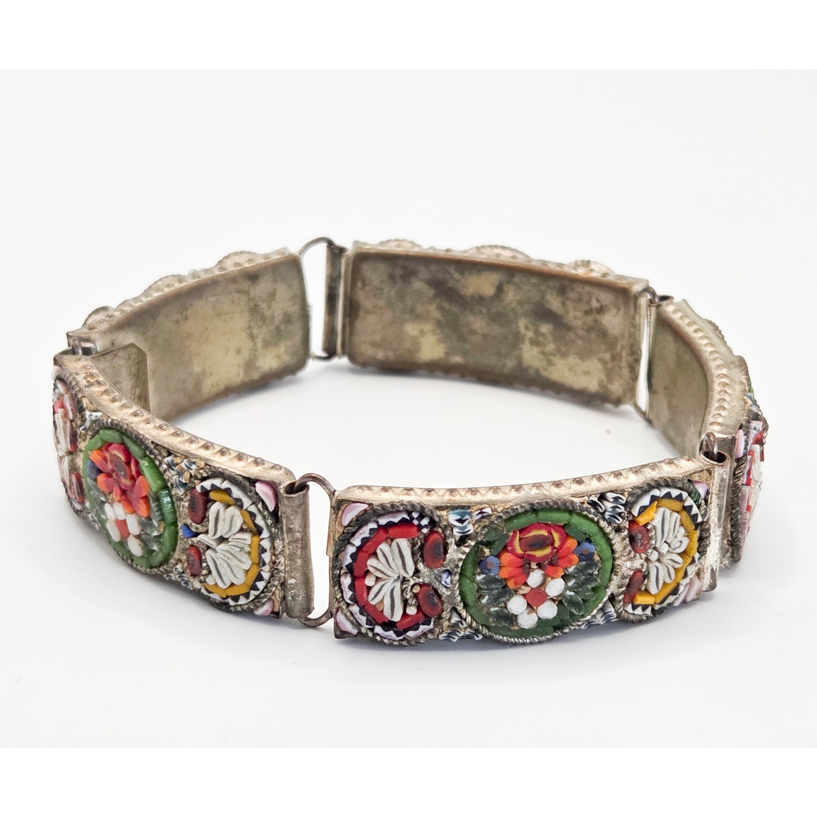 Antique Italian Micro Mosaic Floral Panel Link Bracelet Silver Tone 7.25 Inch